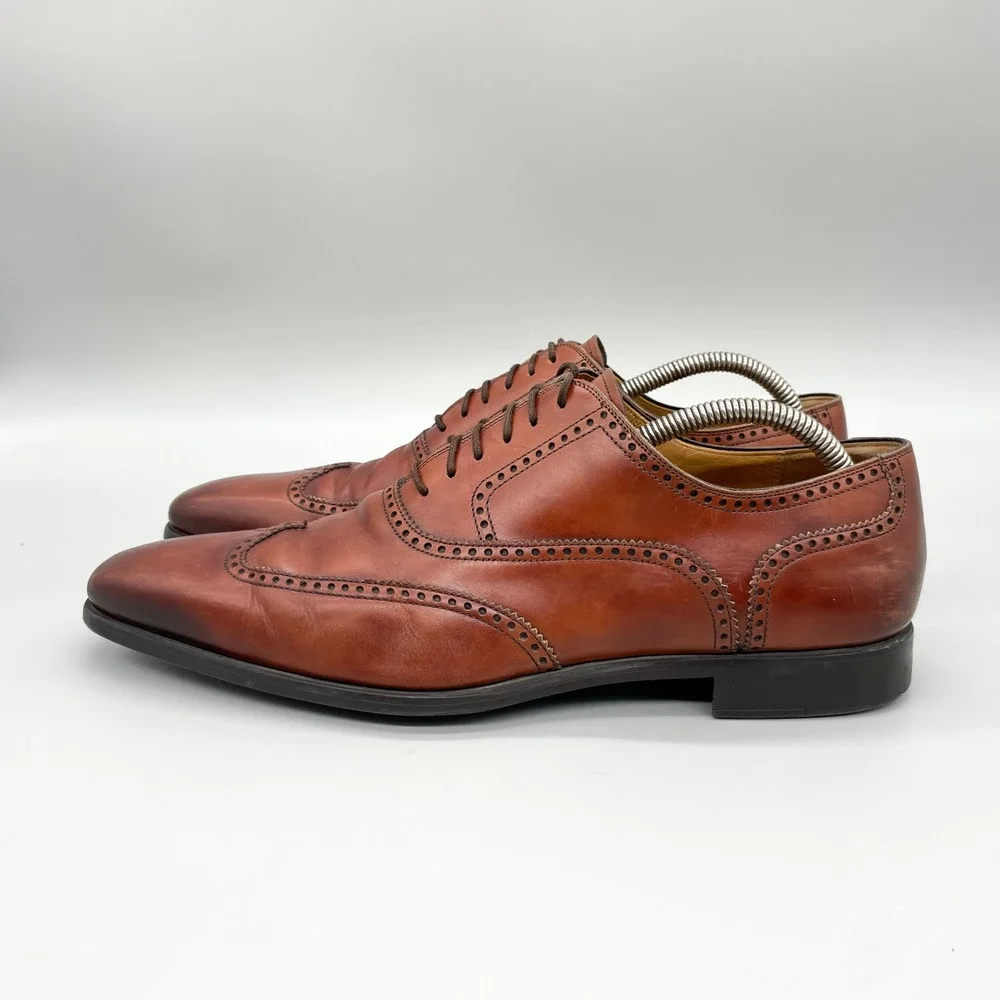 Magnanni Neiman Marcus Mens 9 M Cognac Leather Wingtip Oxford Shoes Brogue Derby_4